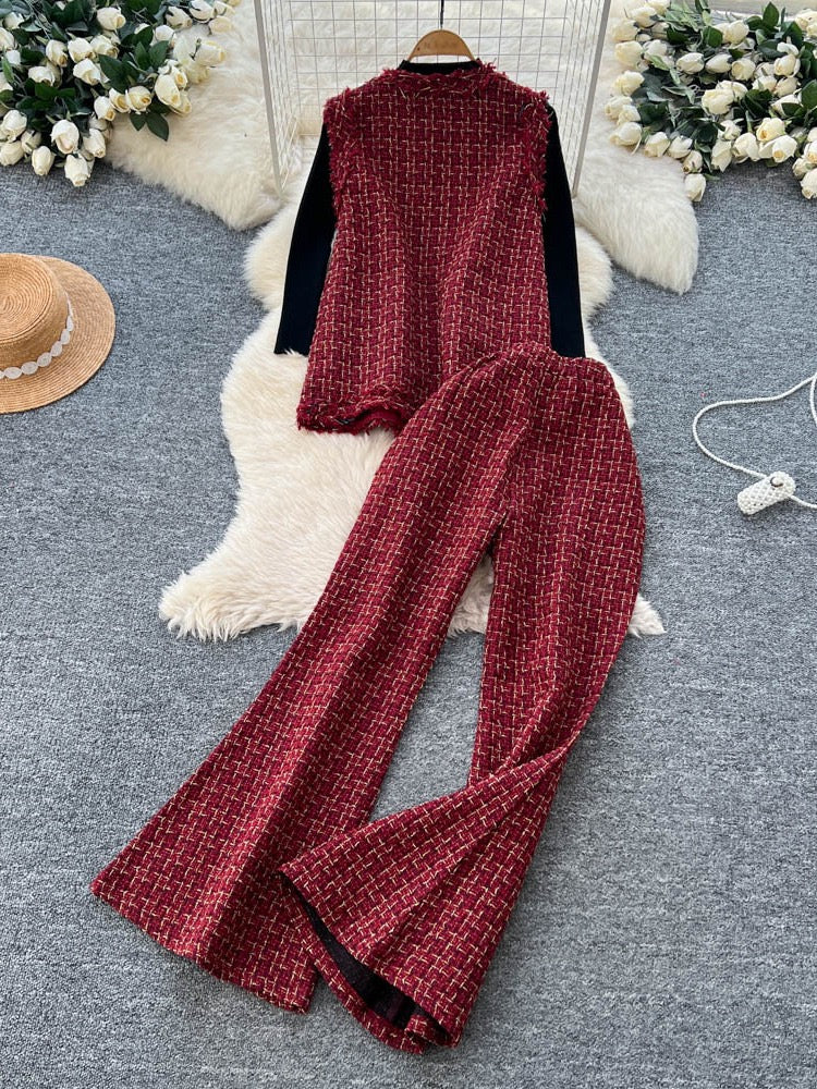 Pankh Fioxie Tweed Sleeveless Blazer and Bootcut Pant with Knit Top 3 Piece Set
