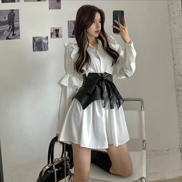 Pankh Zelda Ruffle Trim Corset Belt Shirt Dress