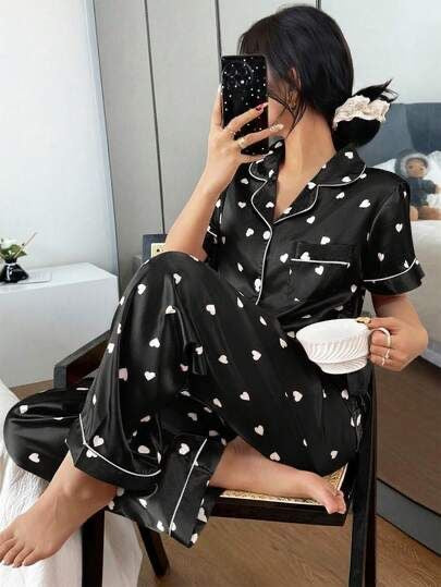 Pankh Eminem Heart Print Satin Pj Night Suit Set