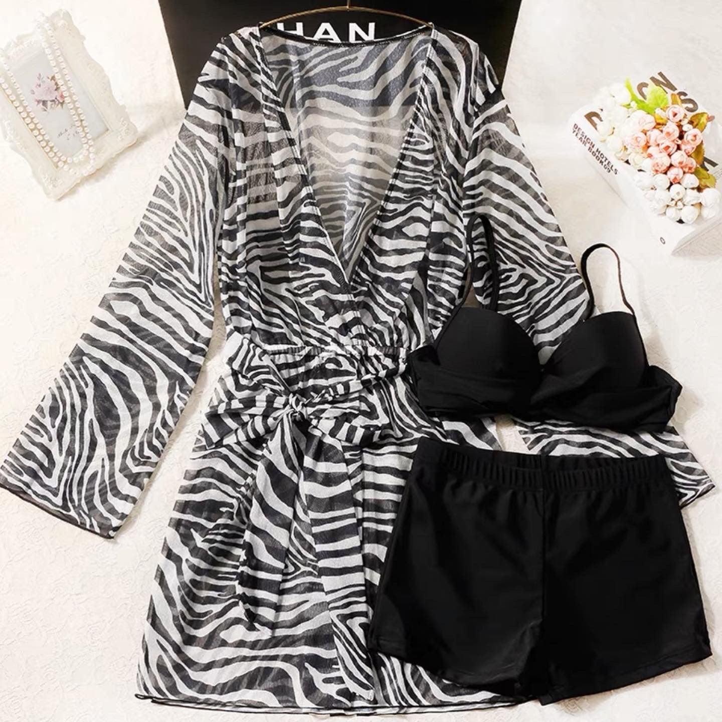 zebra 3 piece bikini and coverup set