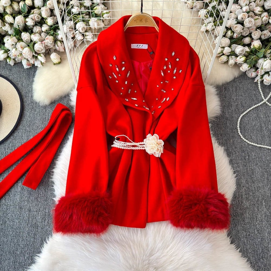 Pankh Miami Luxury  Woolen Stone Embelished Woolen Blazer withFur Sleeves