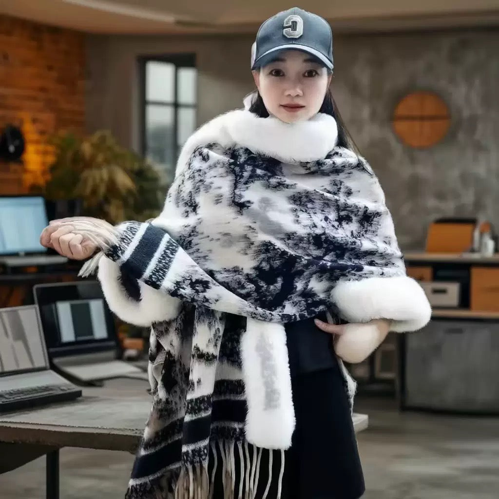 Pankh Diyyor Woolen Winter Cape Shawl with Fur Sleeve