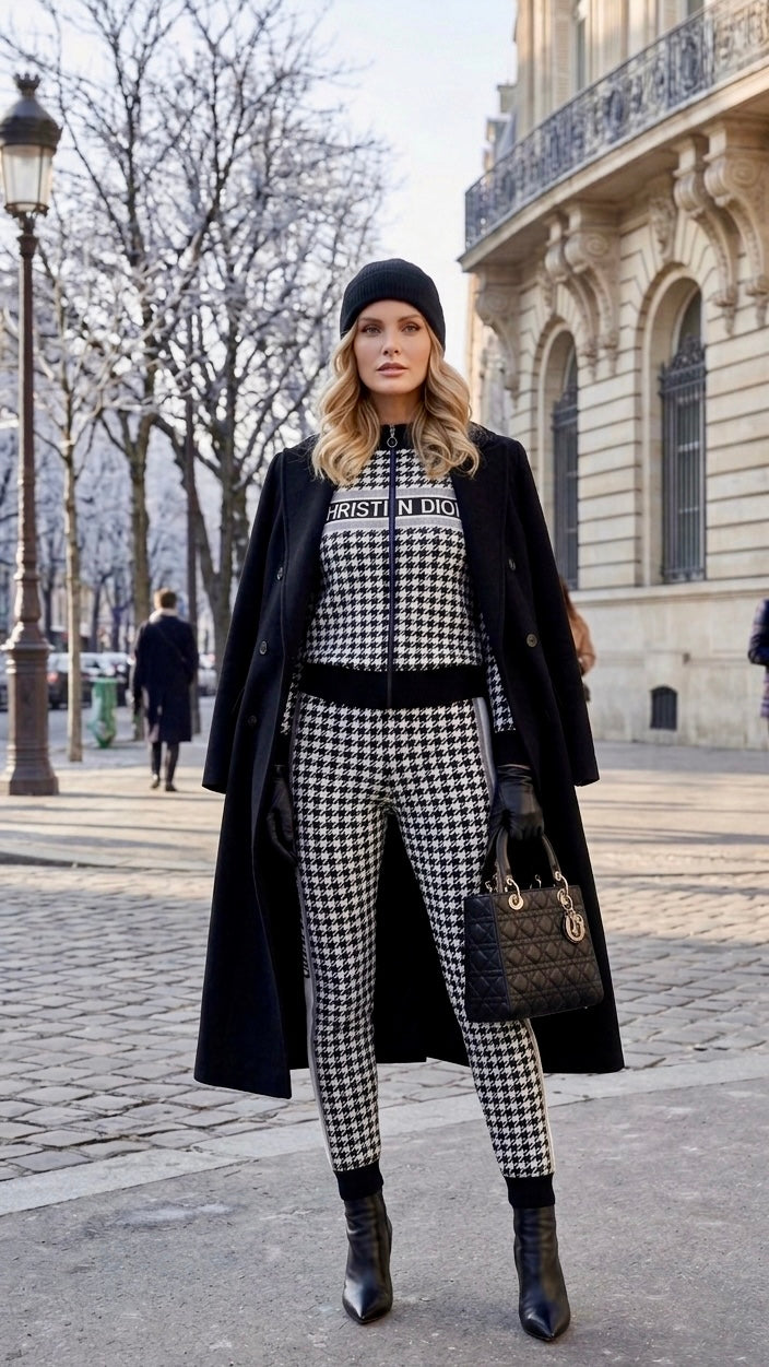 CD Houndstooth Knit Zipper Jacket and Pant Coord Set