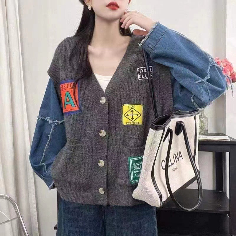 Pankh Vista Woolen And Denim Patchwork Cardigan Blazer