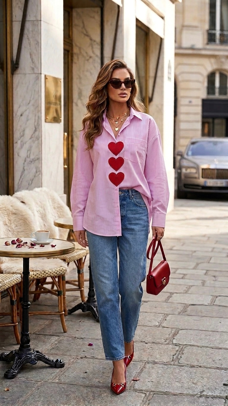 Pankh Duche Heart Patched Designer Striped Cotton Shirt