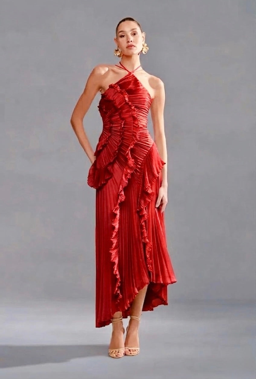 Jacob Pleated Long Satin Maxi Dress