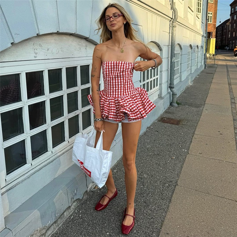 Pankh Luxe Hassa Tube Neck Balloon Gingham Top