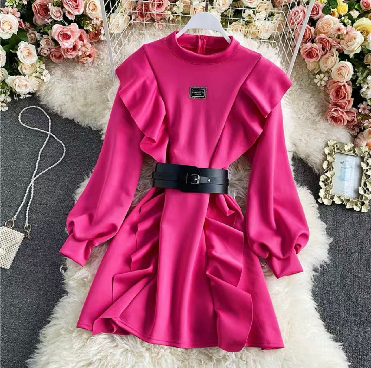 Pankh Lucia Ruffle Belted A Line Scuba Dress