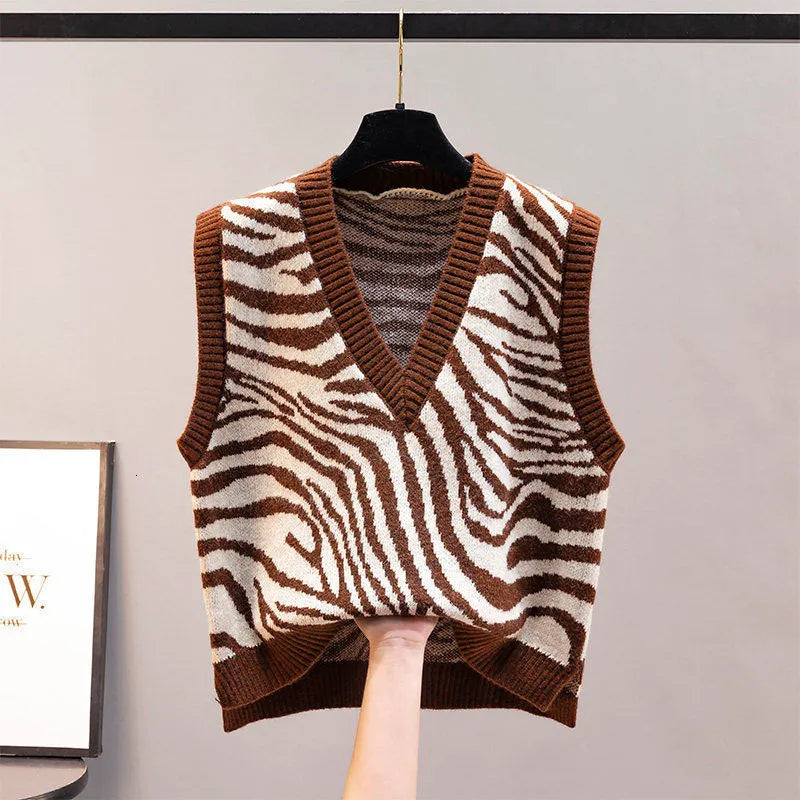 Neolex Zebra Print Knitted Sleeveless Sweater Top