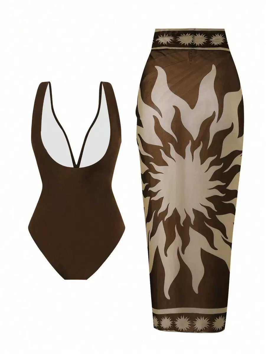 Pankh Zesty Mocha Monokini & Tie up Sarong Set