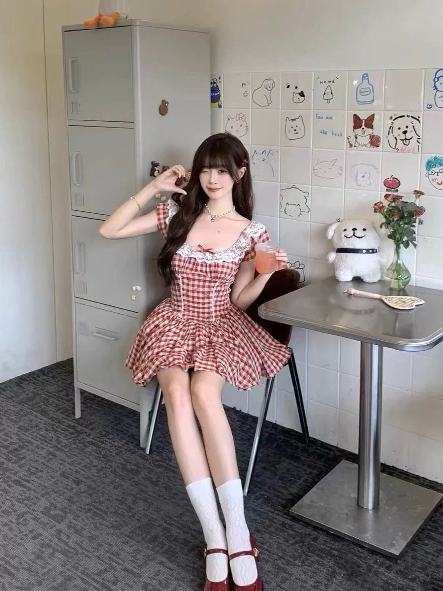 Pankh Lexi Red Baby Lace Plaid Short Dress