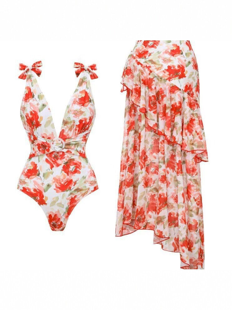 Pankh Adorse Floral Monokini and Flaired Assymetrical Skirt Swimwear Set