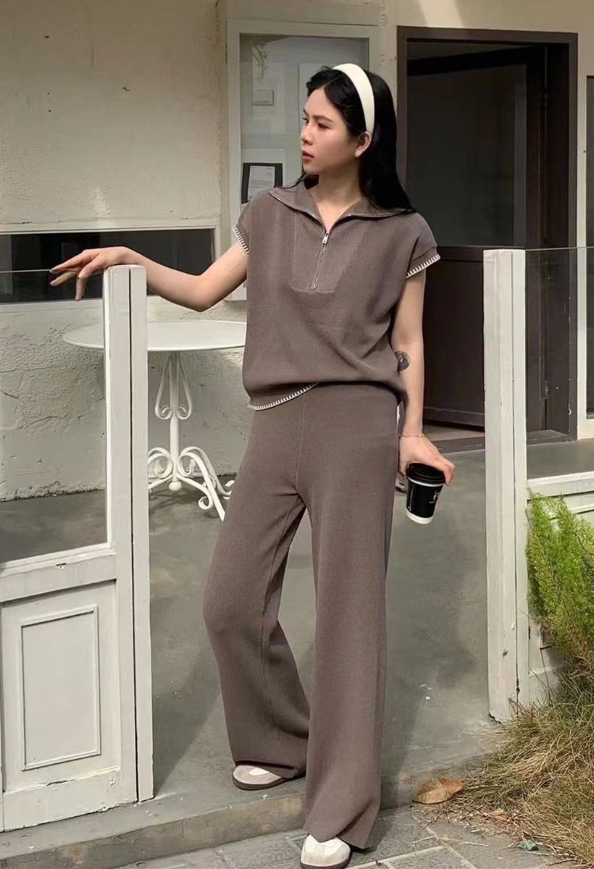 Pankh Lapel Short Sleeve Pullover Tops Wide Leg Pants Casual 2 Piece Knitted Set