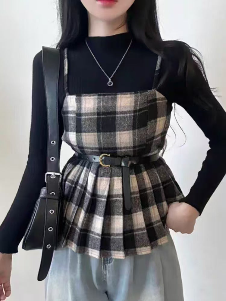 Pankh Meeko Check Plaid Woolen Jacket and Knit Top Set