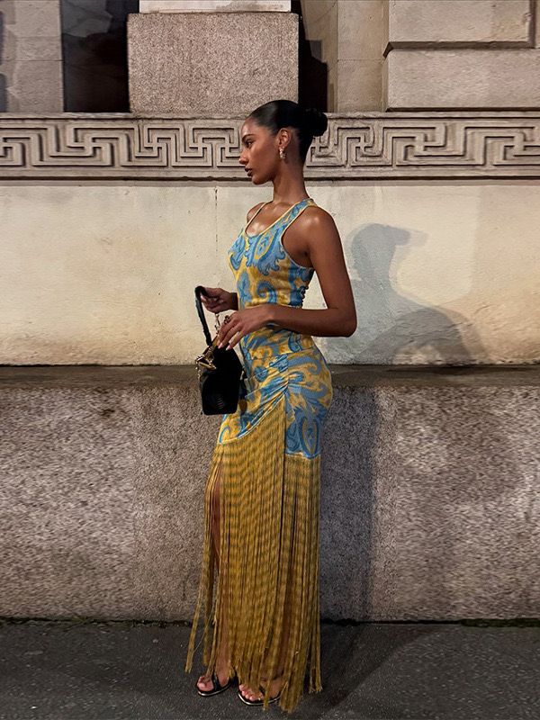 Pankh Katerina Retro Elegant Printed Tassel Stitching Long Length Dress