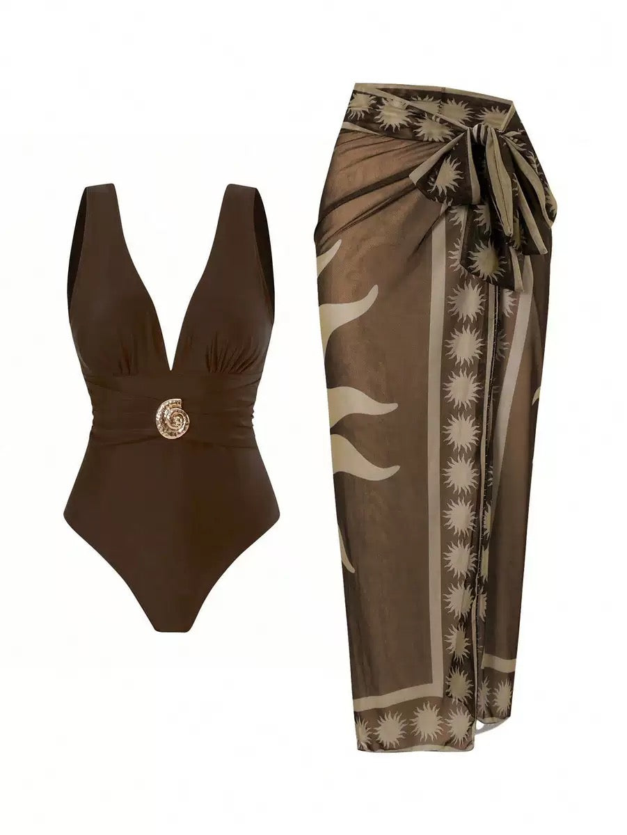 Pankh Zesty Mocha Monokini & Tie up Sarong Set