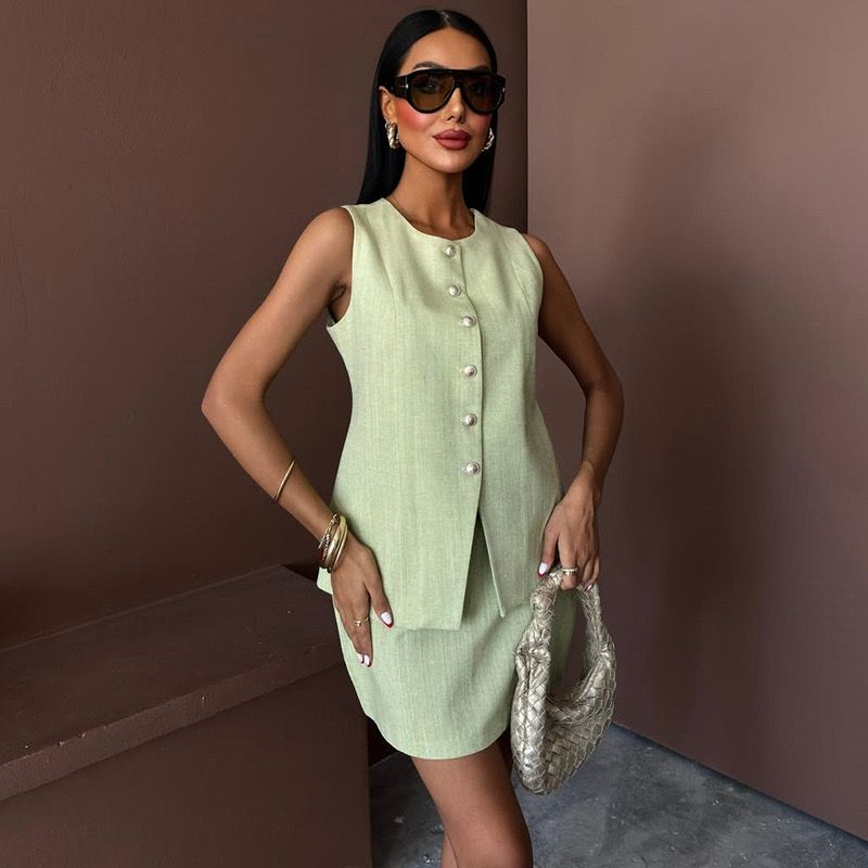 Pankh Harvey Button Sleeveless Formal Vest Top And Skirt Set