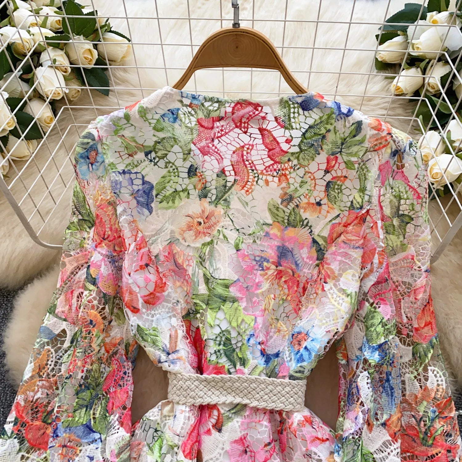 Pankh Skylar Elegant Colorfull Floral Crochet Lace Mini Long Sleeve Dress