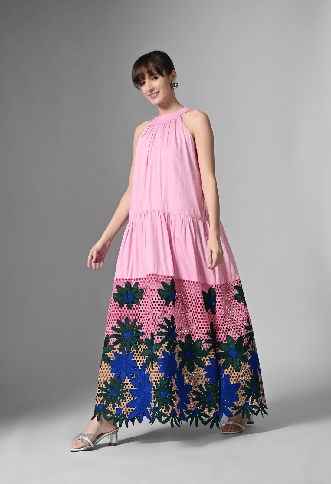 Pankh Zyra Pink Halter Maxi Dress with Bold Floral Embroidery