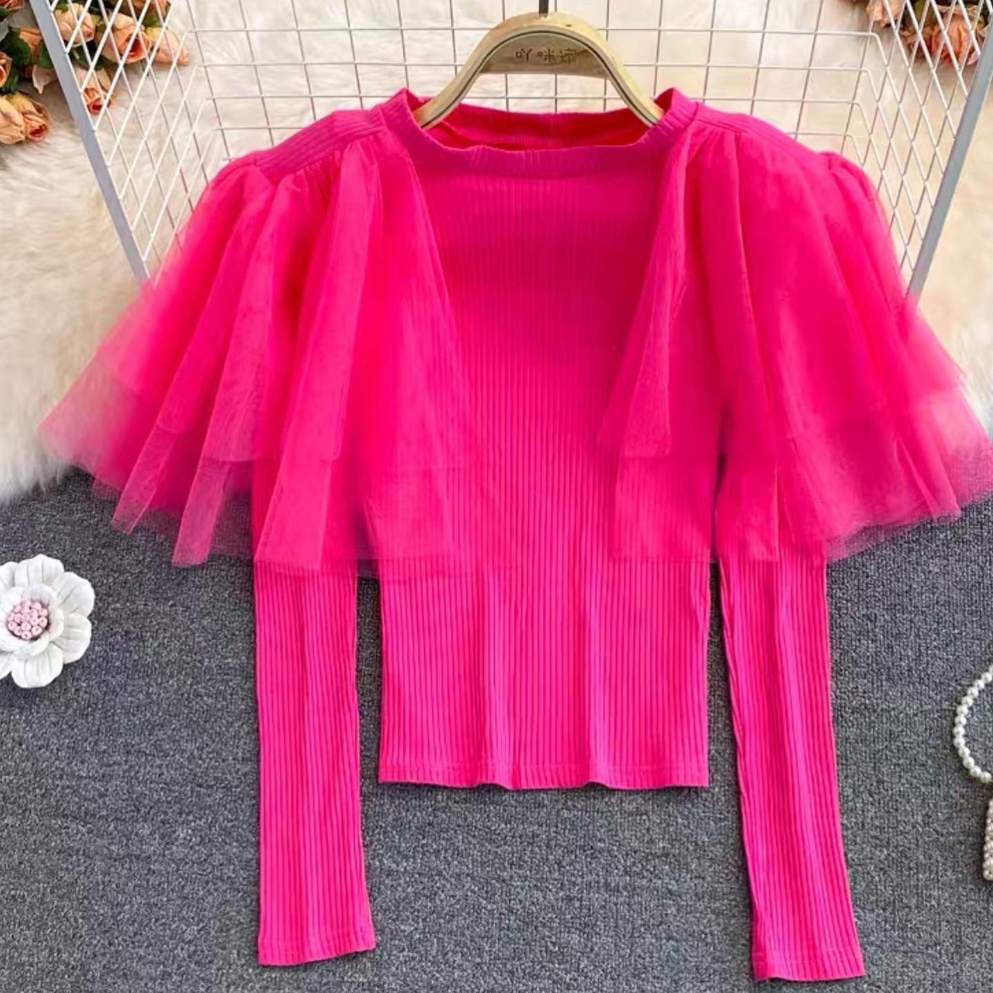 Pankh Fretli Mesh Knit Princess Shoulder Blouse