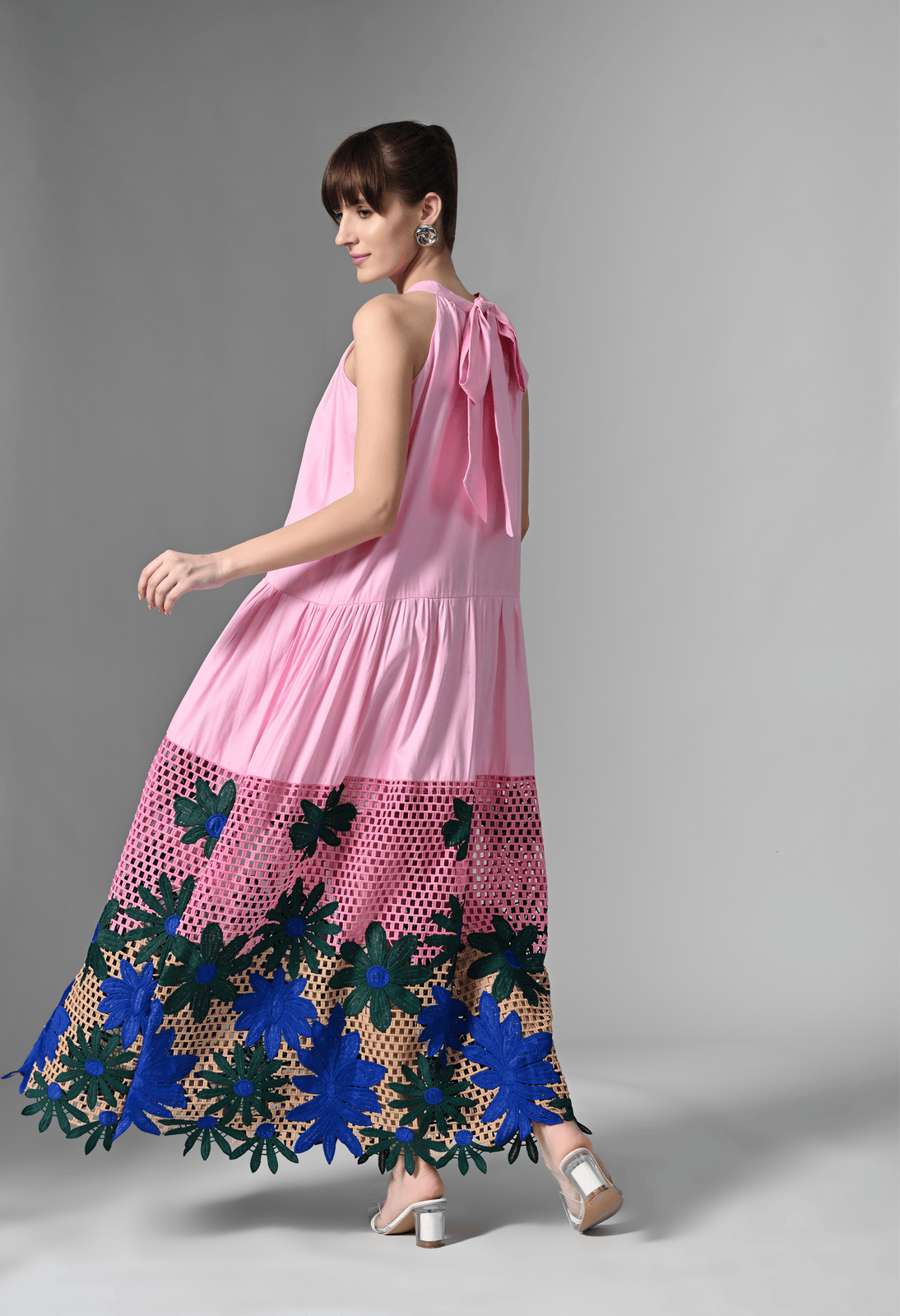 Pankh Zyra Pink Halter Maxi Dress with Bold Floral Embroidery