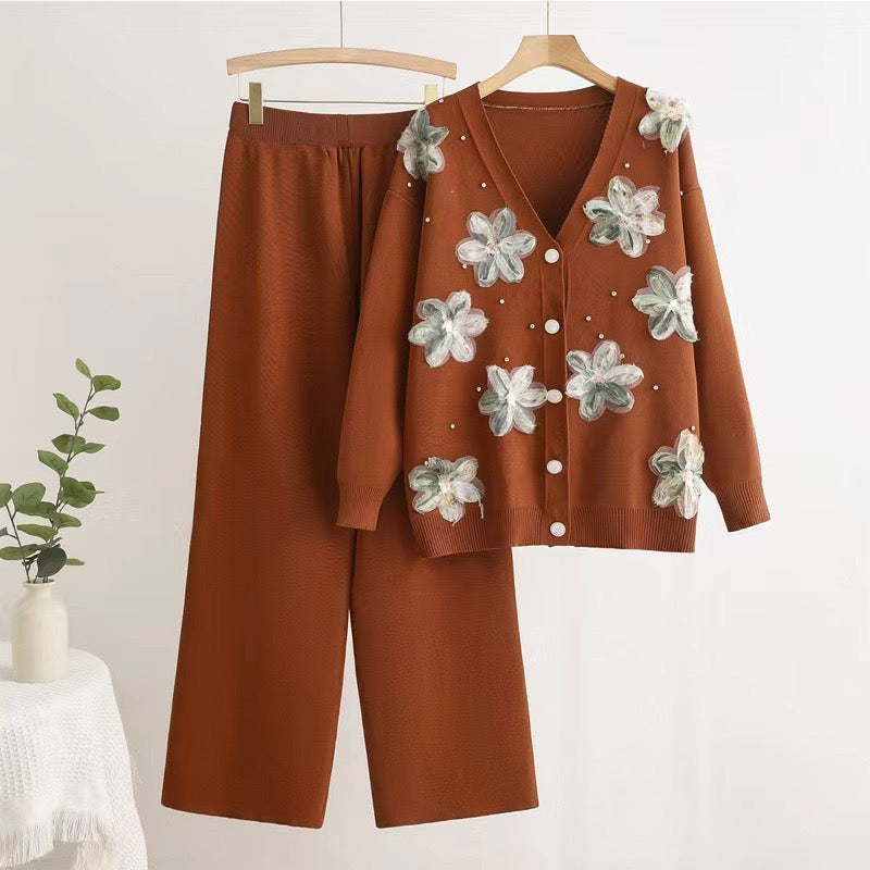 Pankh Elantra 3D Floral Patch Work Knit Wool Coat and Pant Coord Set