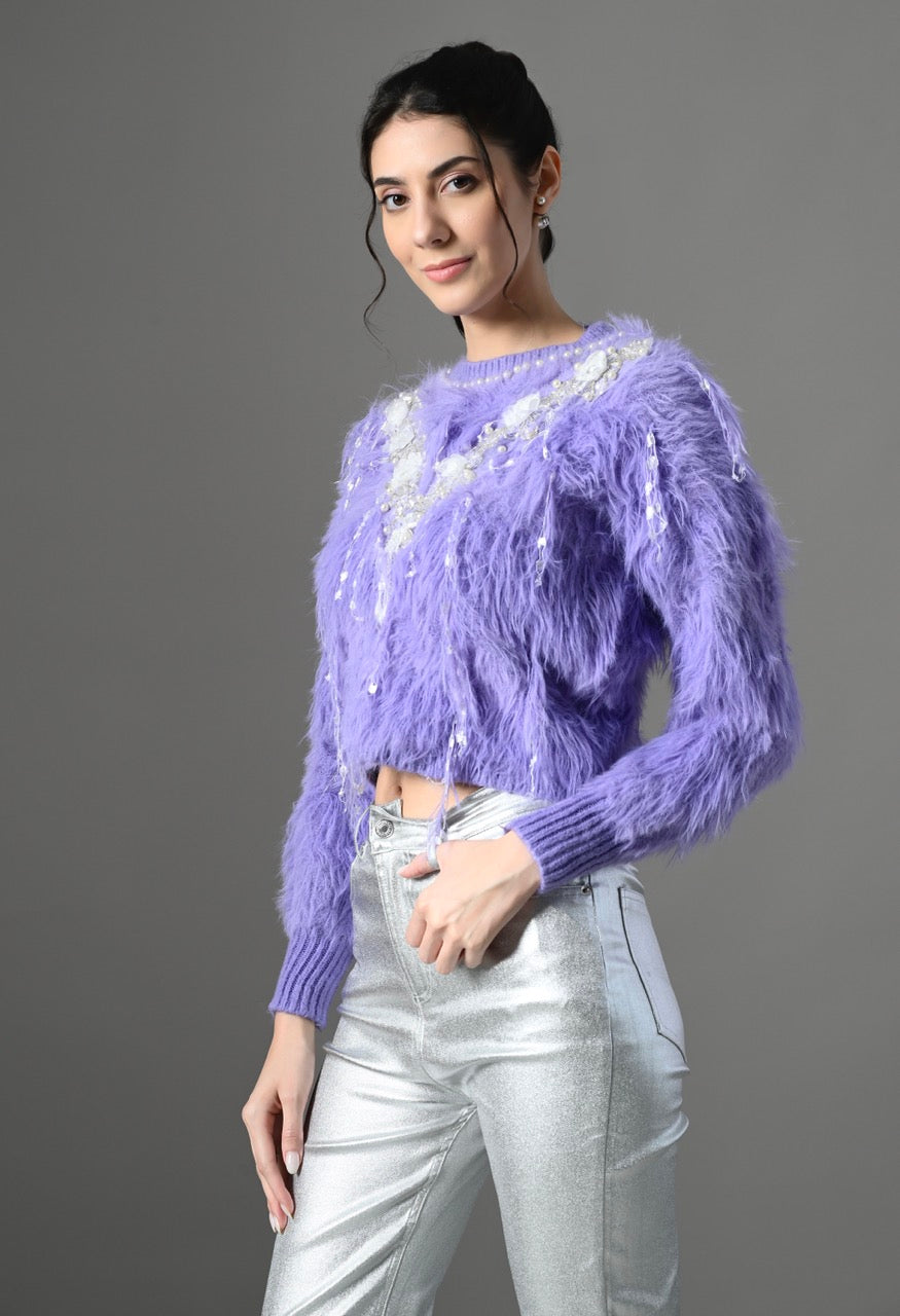 Pankh Cici Embellished Flower and Fur Luxe Fur Cropped Sweater Top