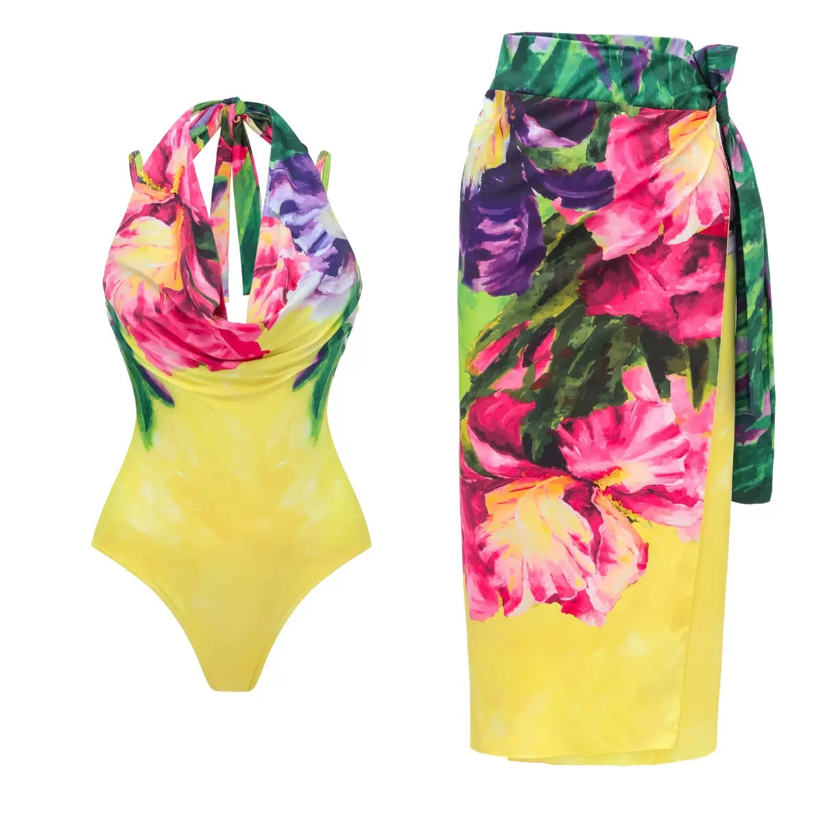 Pankh Yelie Orchid Print Monokini and Tie Up Cover Up Swimwear Set