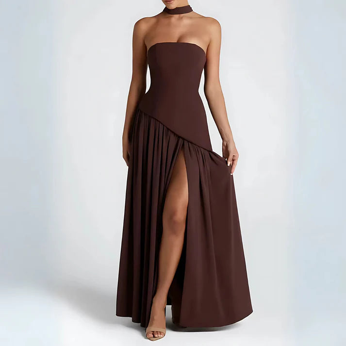 Pankh Stella Gorgeous Strapless Long Ruched Slit Formal Party Wear Dress With Scarf