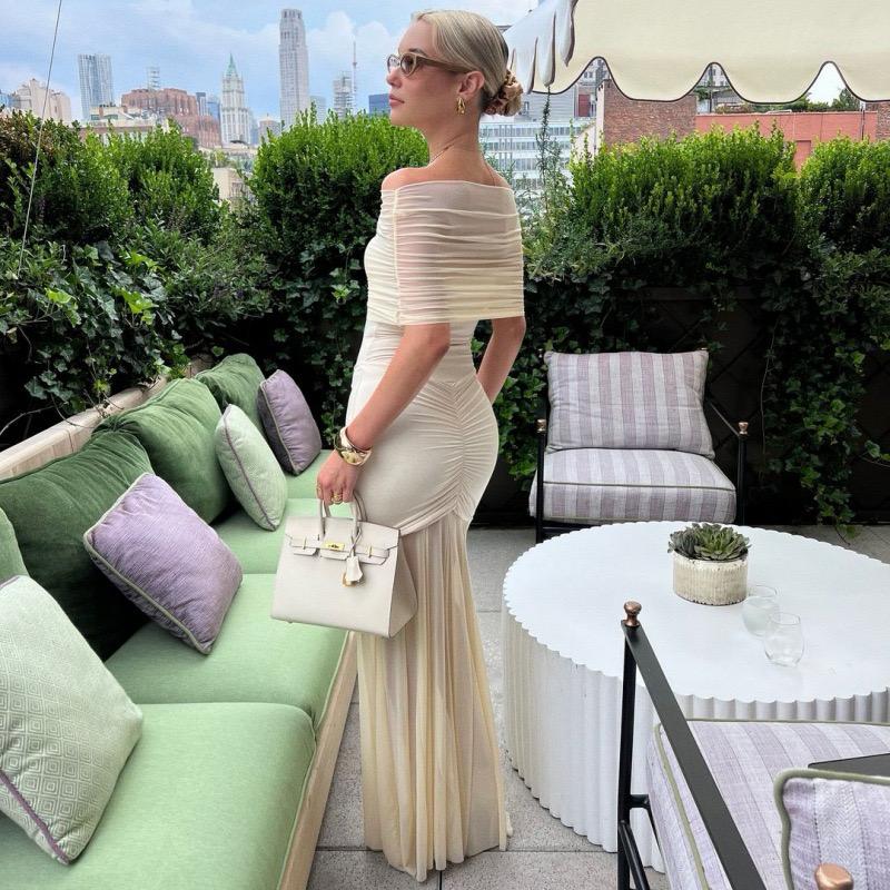 Pankh  Slinky and Mesh Off Shoulder Maxi Dress