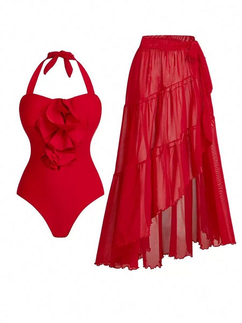Pankh Marisol Floral Halter Monokini Swimsuit & Tiered Ruffle Skirt Set