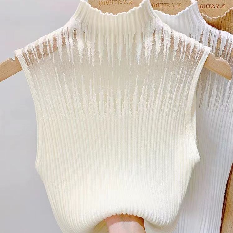Pankh Meir Chic Mock Neck Mesh See Through Sleeveless Knitted Tank Top