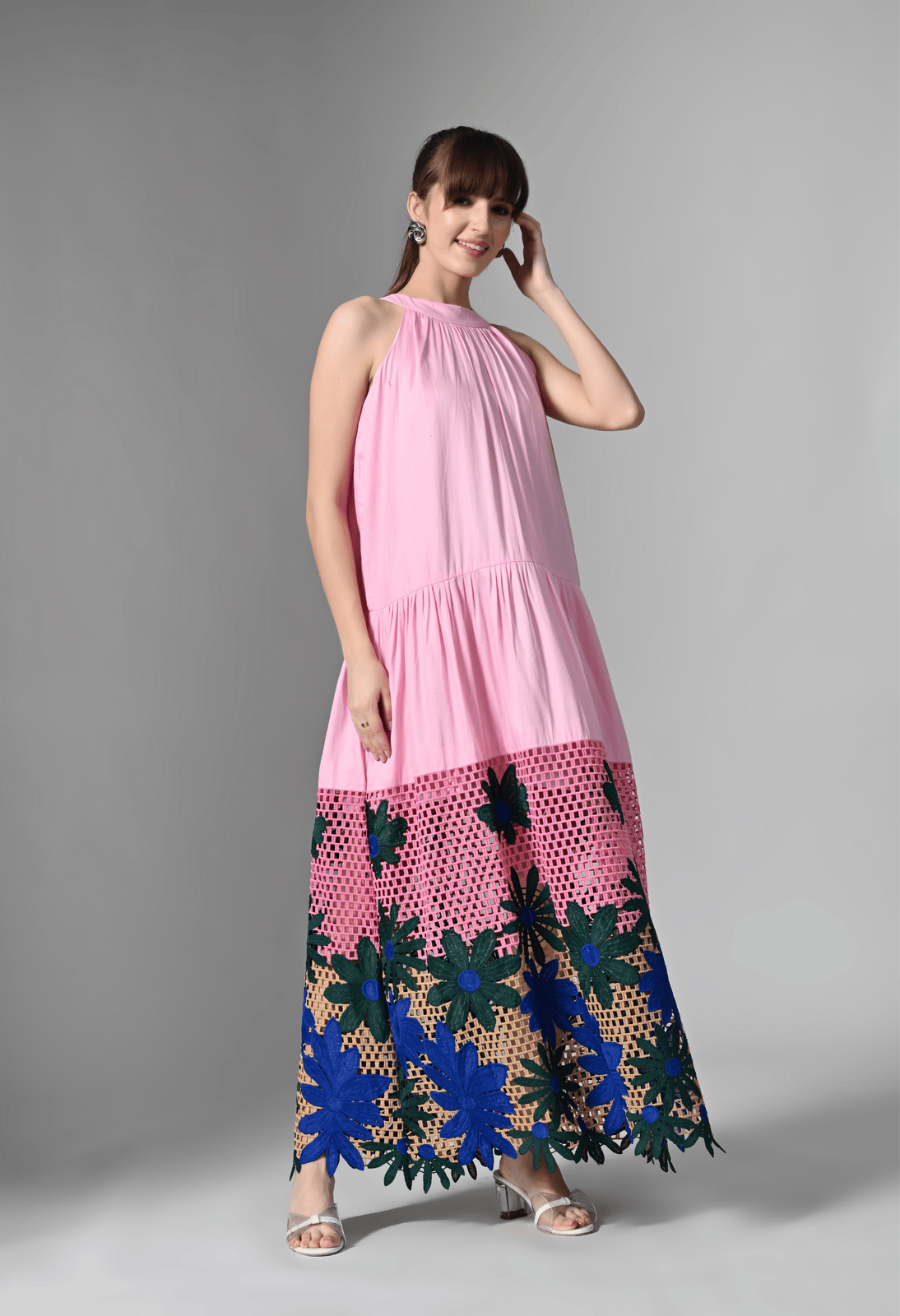 Pankh Zyra Pink Halter Maxi Dress with Bold Floral Embroidery