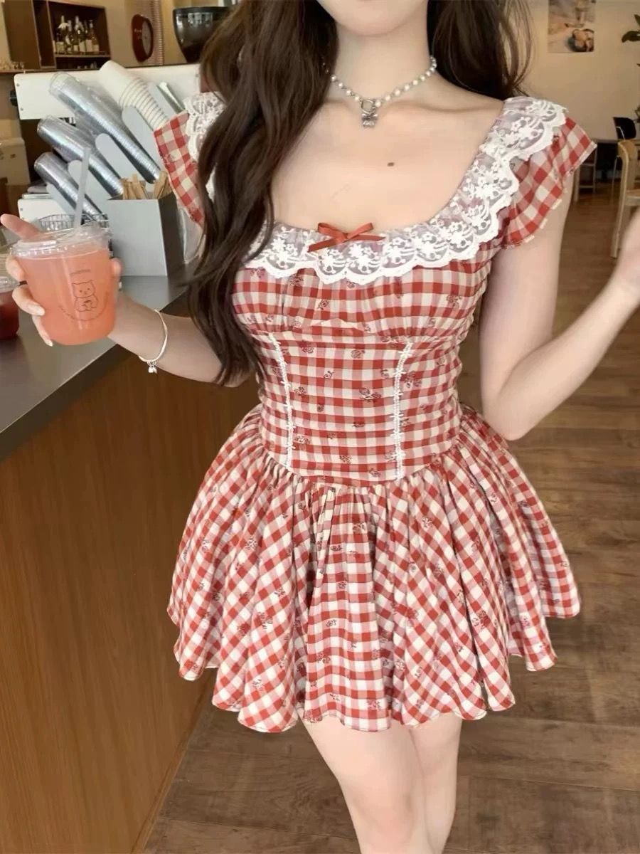 Pankh Lexi Red Baby Lace Plaid Short Dress