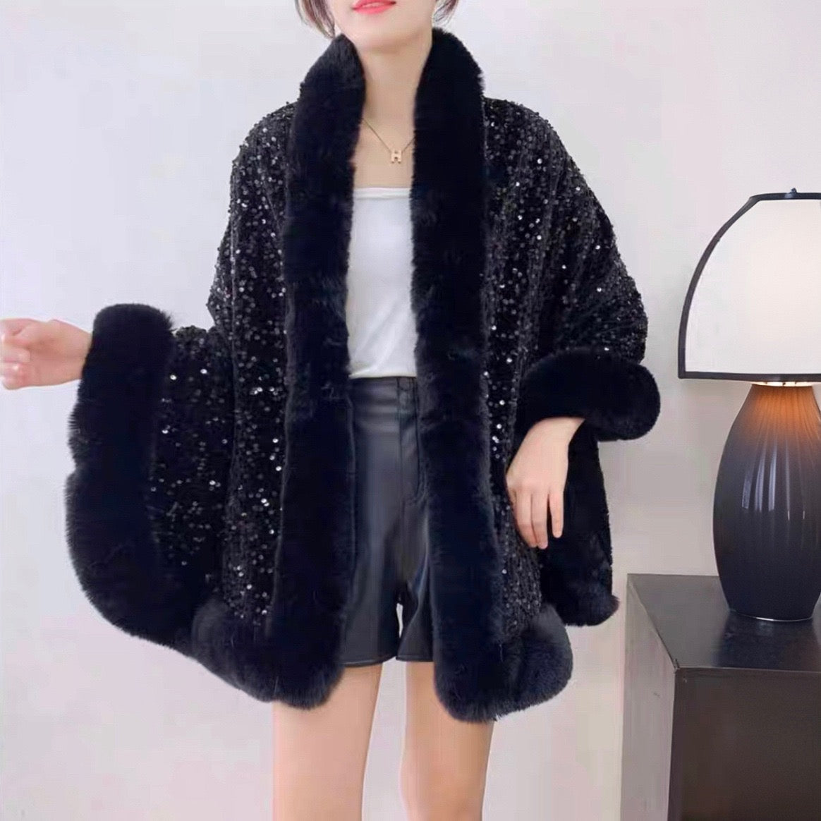 Pankh Zuni Sequin Wool Party Wear Cape Shawl