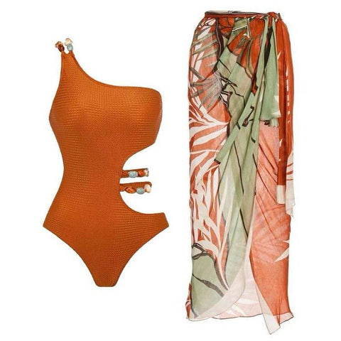 Pankh Liam Tropical Print One-Shoulder Bikini  With Tie Up Coverup Swim Set