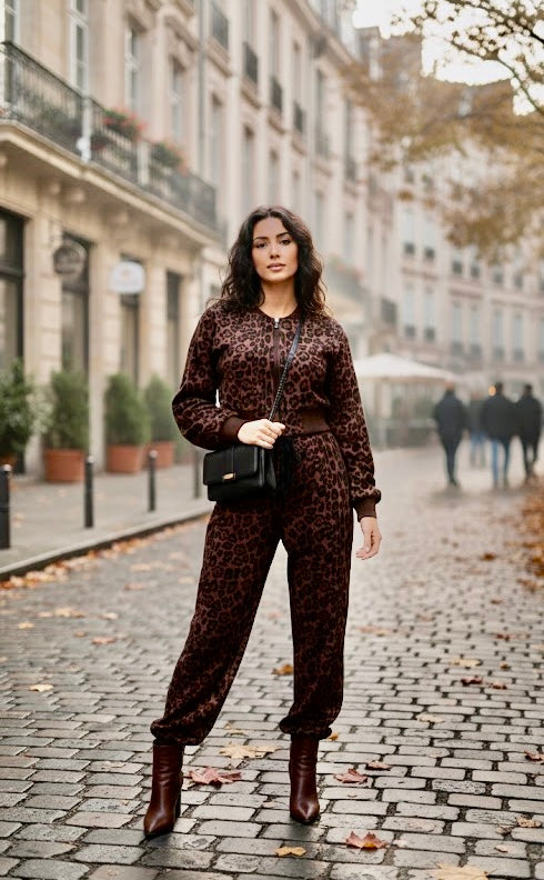 Pankh Leo Leopard Leather Look Cropped Jacket and Jogger Pants Set