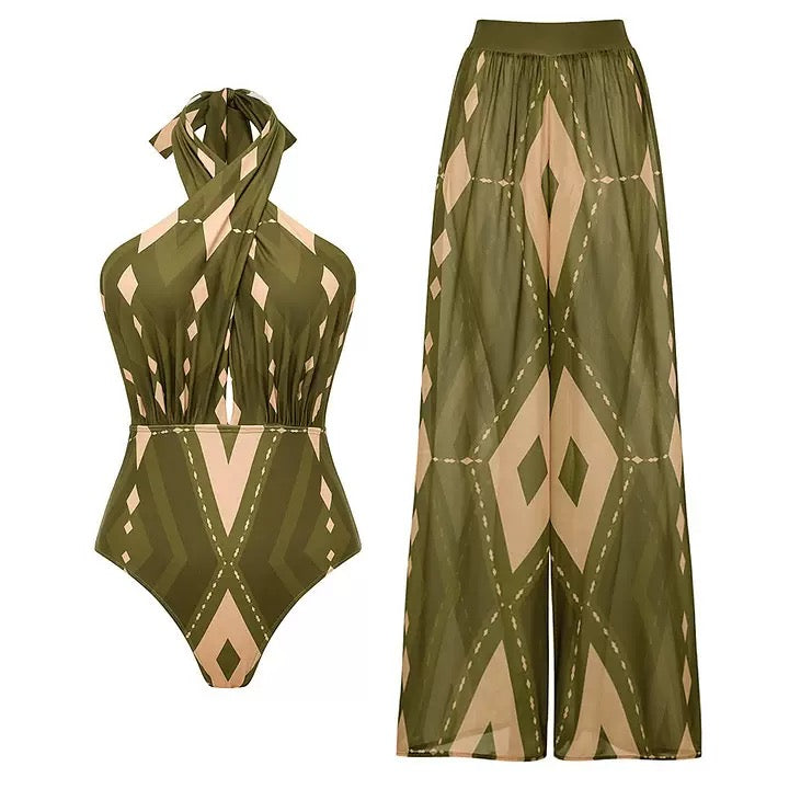 Pankh Zick Halter Cross Neck Monokini and Pant Cover Up Set