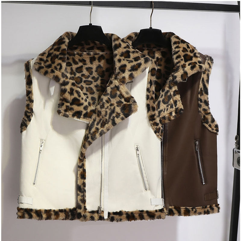 Pankh Laurie Leopard Fur and Leather Sleeveless Teddy Jacket