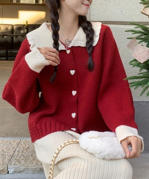 Pankh klint Luxe Collared Heart Button Soft Knit Cardigan Top