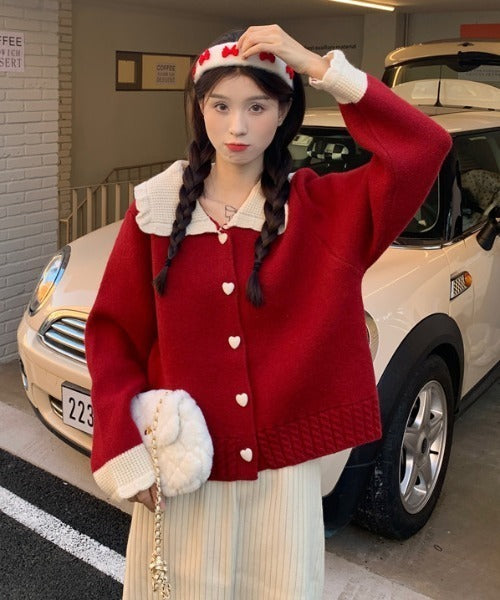 Pankh klint Luxe Collared Heart Button Soft Knit Cardigan Top