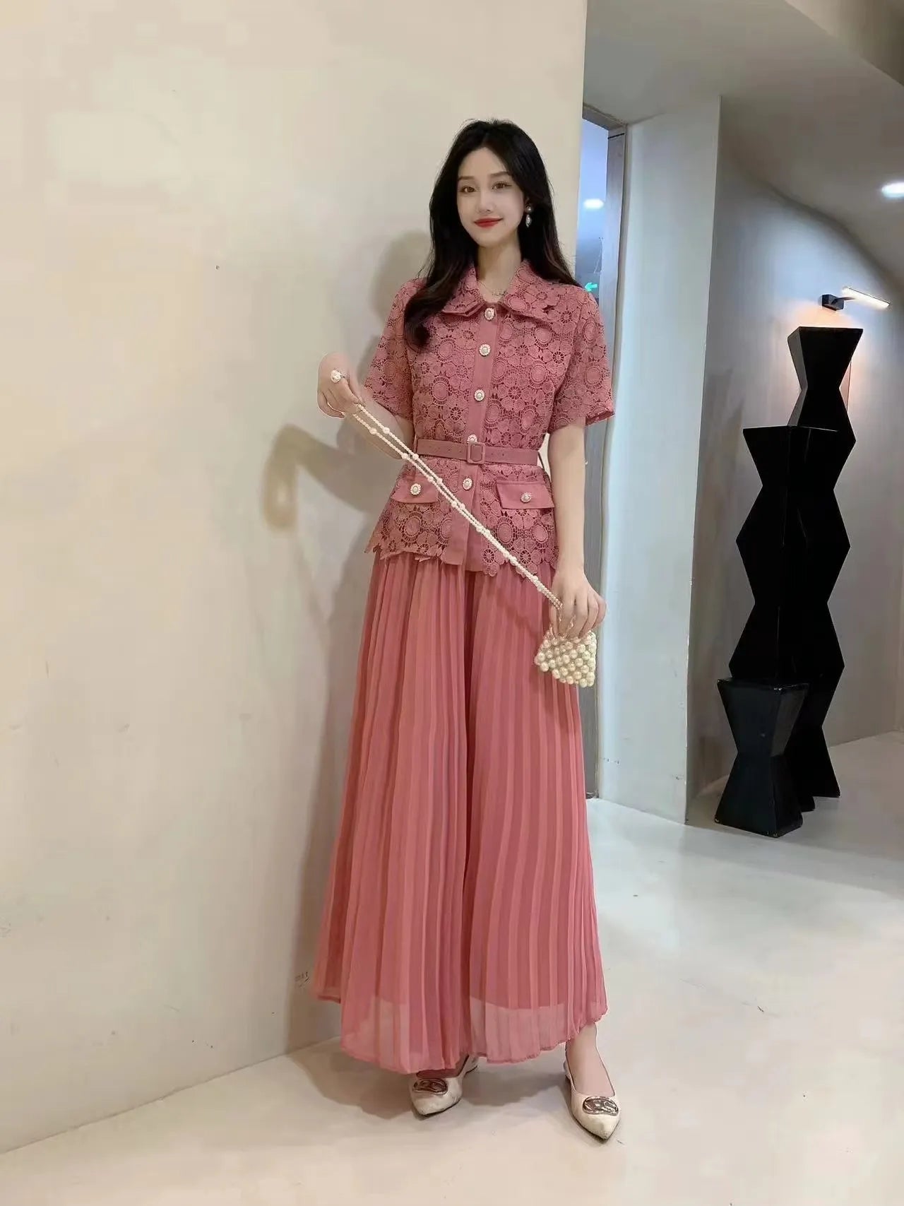 Pankh Kylie Lace Chiffon Blazer And Pleated Skirt Set With Belt