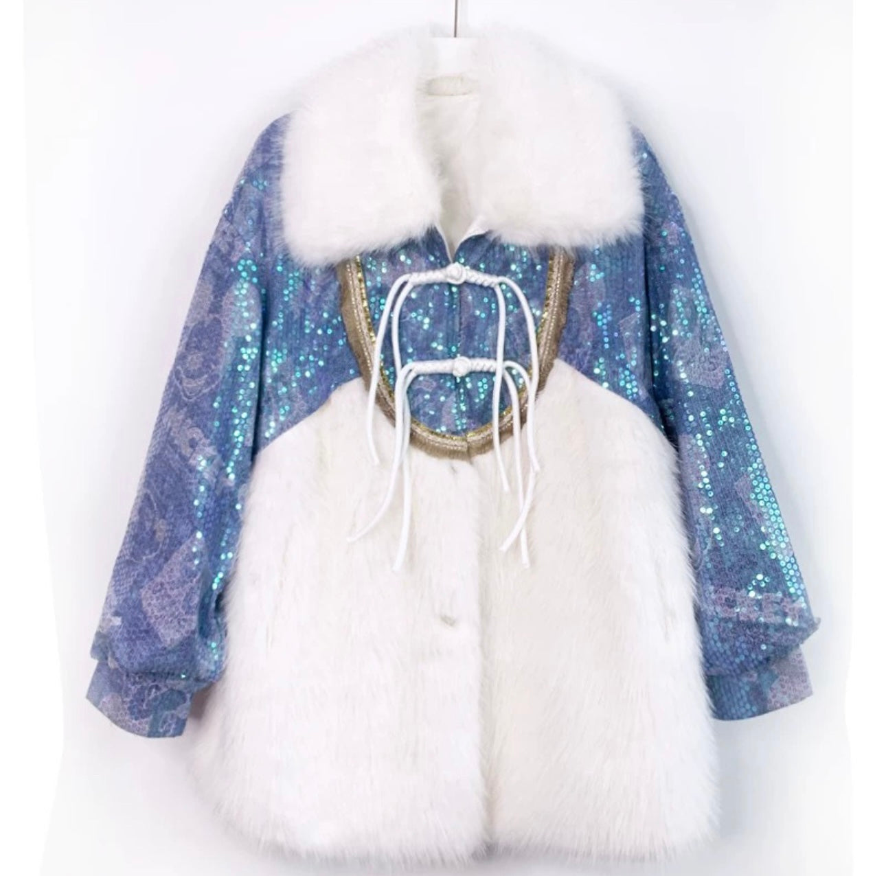 Pankh Snow Sequin Denim and Fur Luxe Jacket