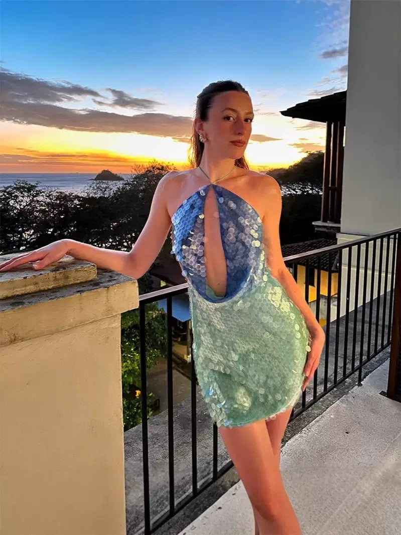 Pankh Vesile Holographic Cut-Out Mini Coin Sequin Mini Dress