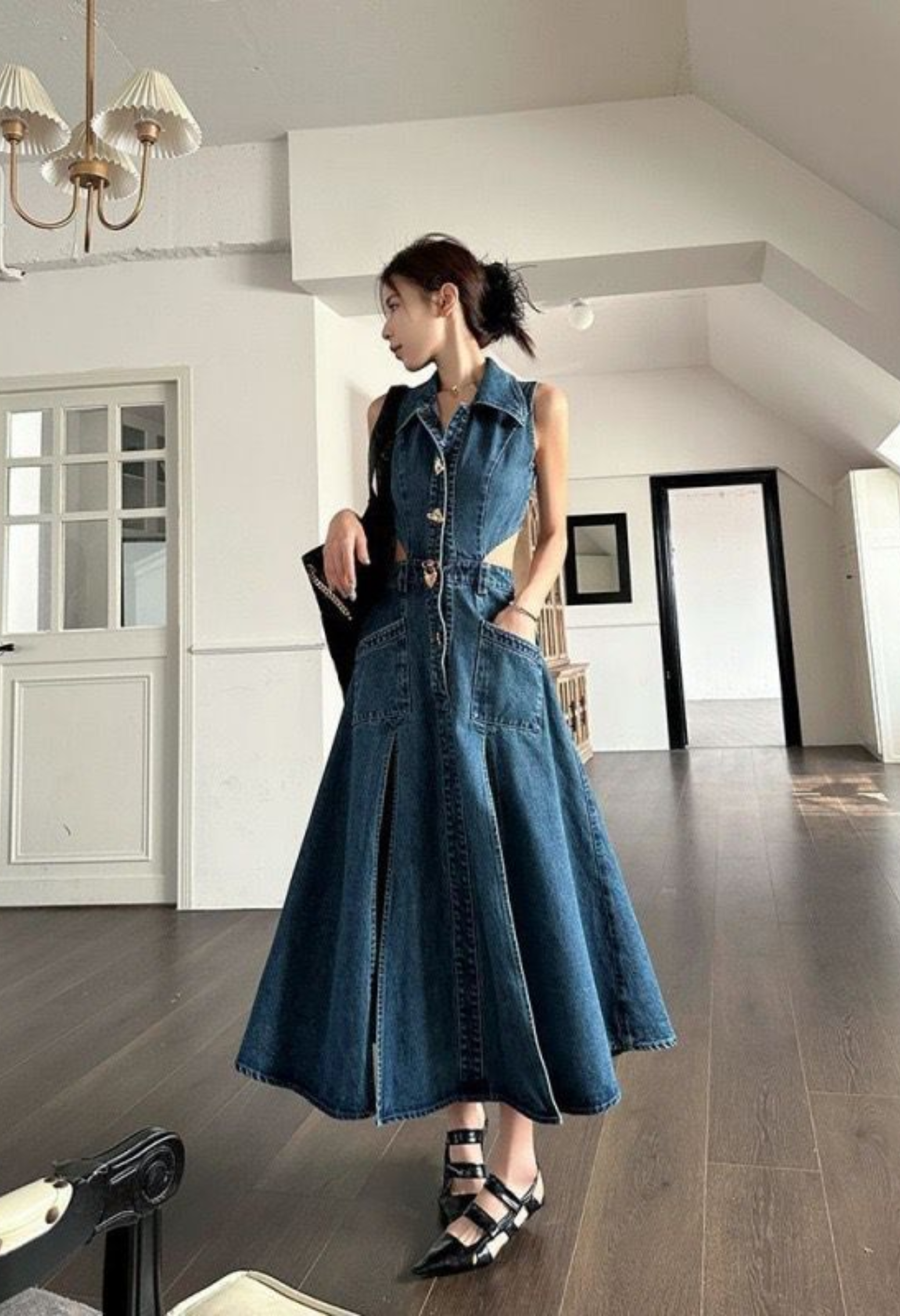 Pankh Lapele Sleeveless Button Style One Piece Long Maxi Denim Dress