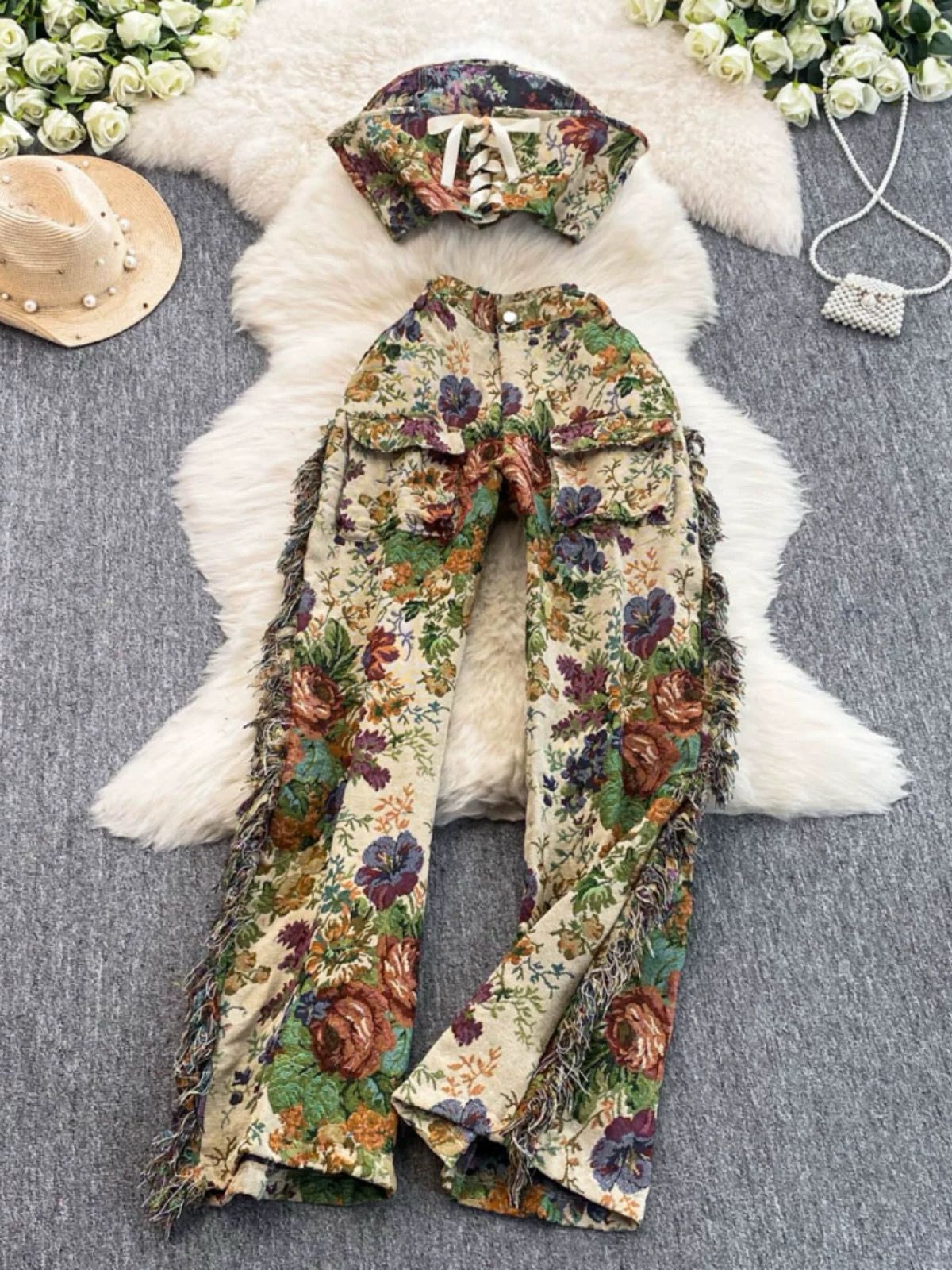 Pankh Evin Floral Leaf Printed Denim Coord