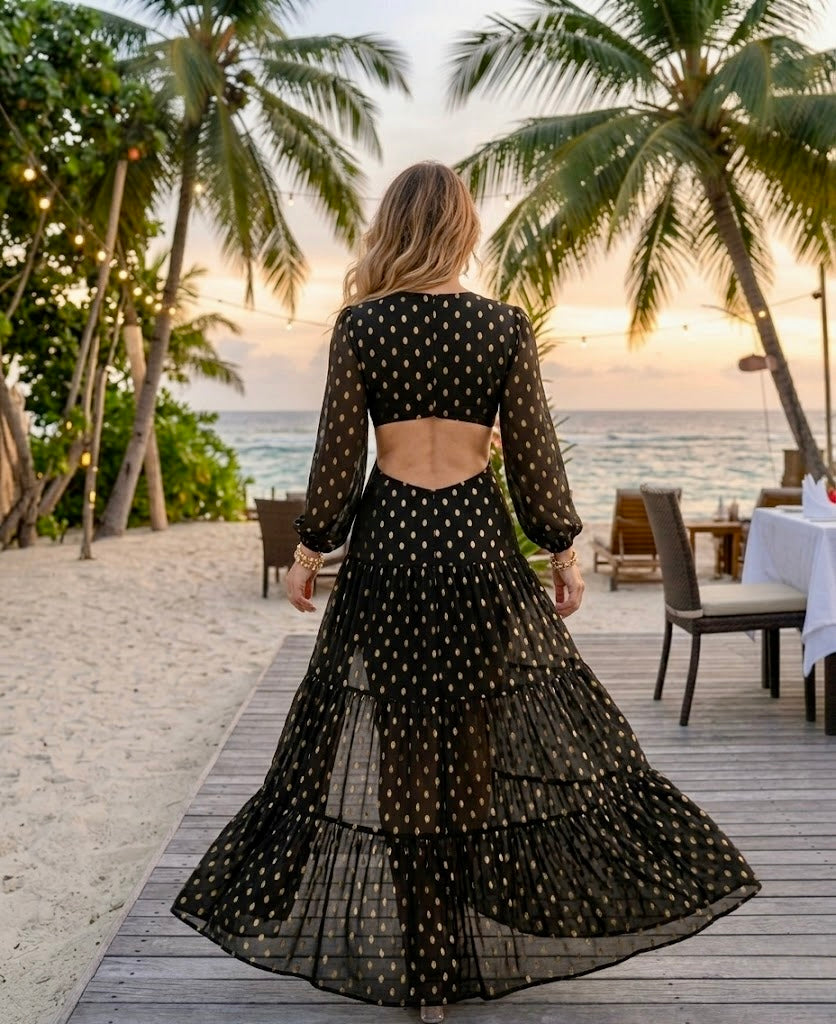 Pankh Kizki Gold Foiling Polka Maxi Dress