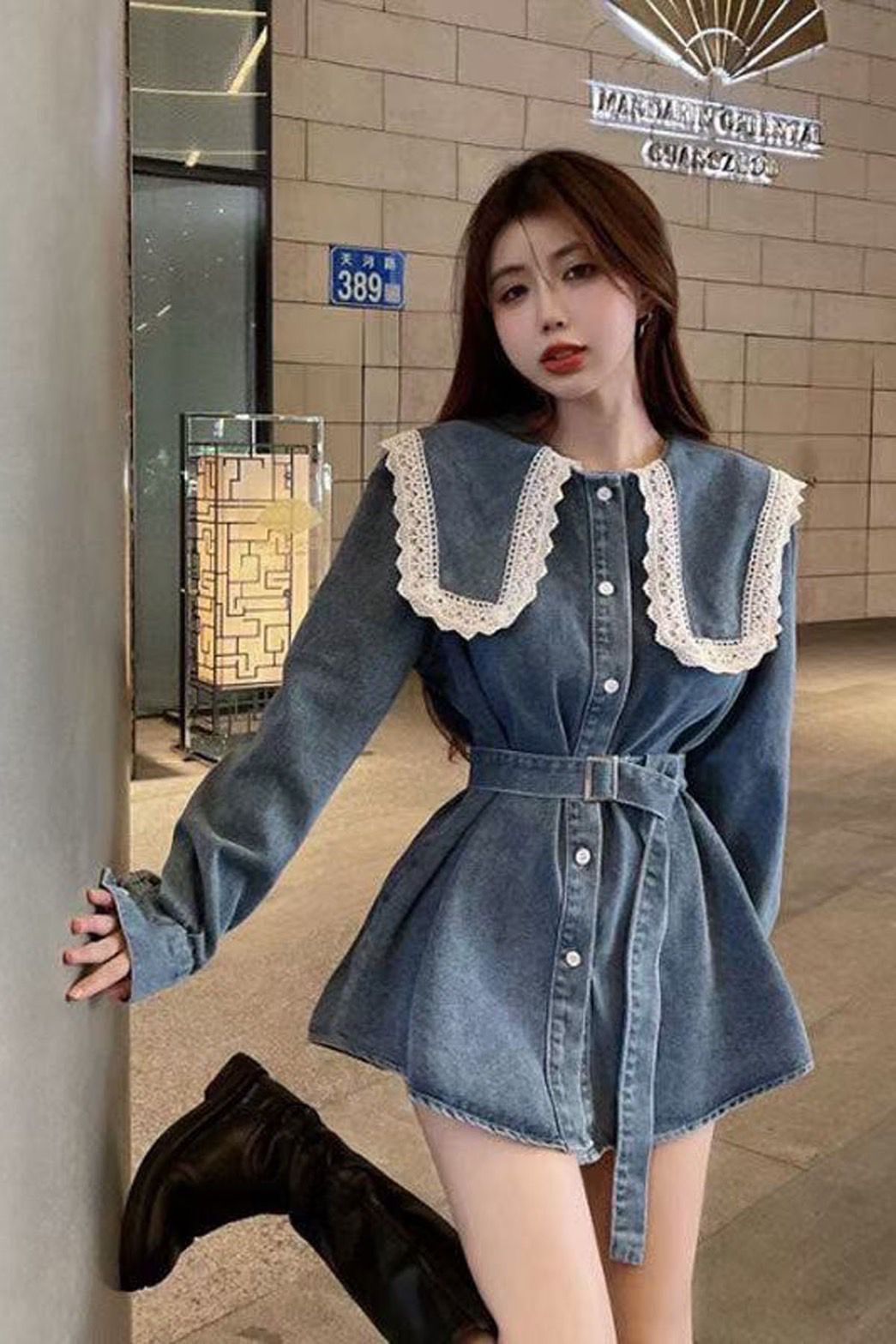 Pankh Kashvi Spring Summer Doll Lace Collar Denim Shirt Dress