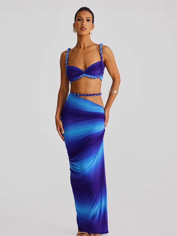 Pankh Eira Ruched Backless High Slit Strap Cami Top And Sheath Skirt Set