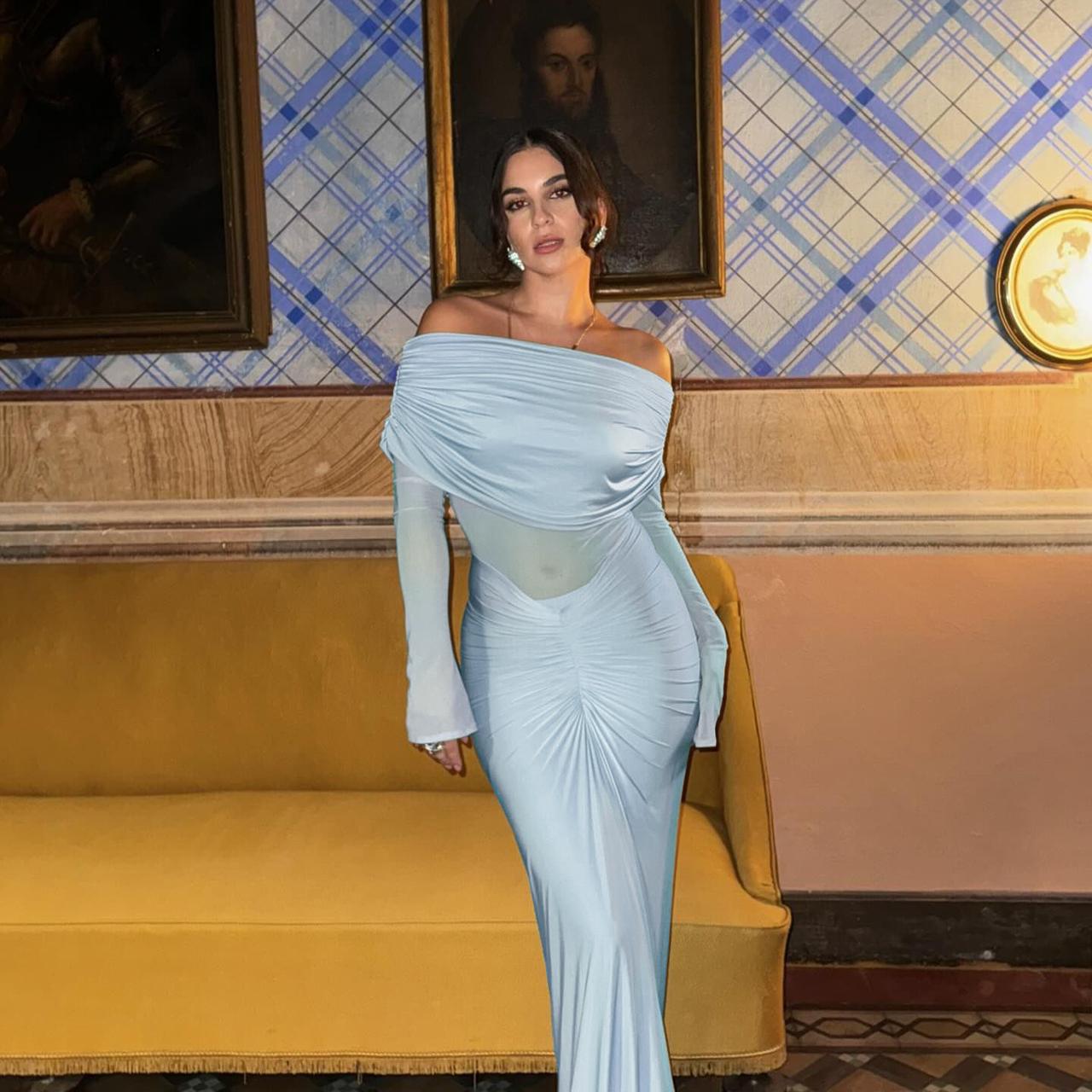 Pankh Alya Off Shoulder Sheer Glitter Front Shirring Long Maxi Dress